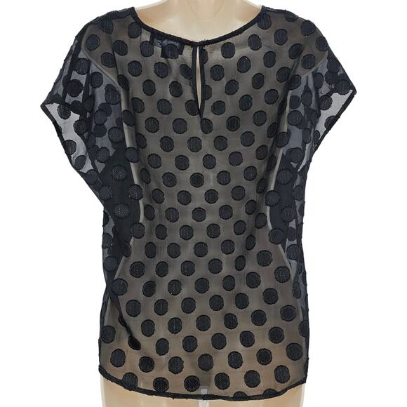 Lulus Womans size S Portina Black Satin Polka Dot Top Sheer Mesh Back Keyhole - Picture 3 of 8